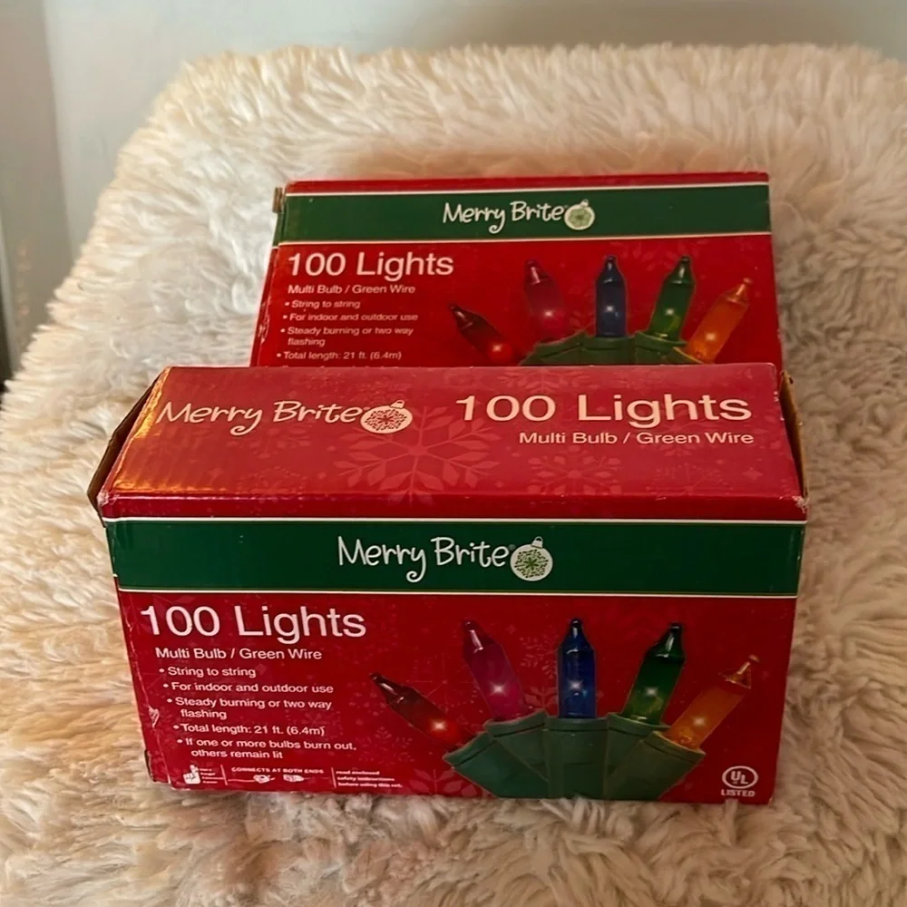 2 sets of 100 color Xmas lights on a string all work uses one never used again